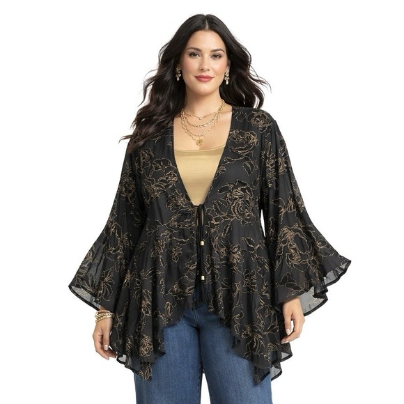 La Vanya Tops - La Vanya Woman Kimono 3X Black Gold Meltallic Sheer Whimisgoth Fairy Top